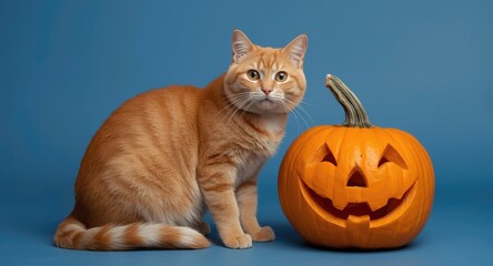 Naklejka premium Friendly ginger cat by a spooky pumpkin on blue backdrop including copy space for fall decoration concepts
