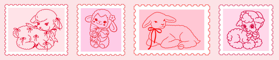 Retro Vintage Postage Stamp Featuring Cute Pink Lambs with Bows and Flowers in Kawaii Coquette Aesthetic
