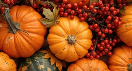 Naklejka premium Autumn celebration featuring orange pumpkins and bright red berries