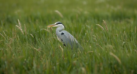 Fototapeta premium Artistic depiction of a grey heron in a dense grassland illustrating nature exploration and birdwatching