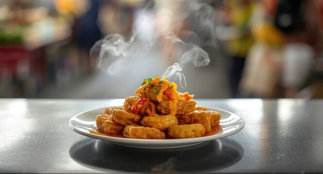 Indonesian street food Cireng served with zesty rujak dressing