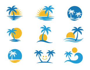 Collection of nine flat featuring blue palm trees and yellow suns over ocean waves or circular backgrounds for summer travel and tropical vacation themes © SHUVO