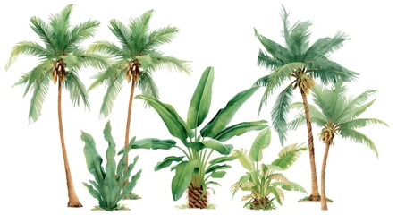 Obraz premium Classic tropical plants including coconut and banana trees with a green palm rendered in watercolor on plain background