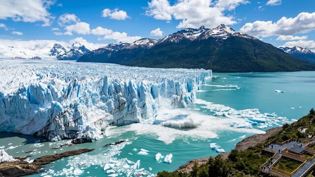 Perito Moreno Glacier calving event in Patagonia Argentina on a sunny day with blue skies.
