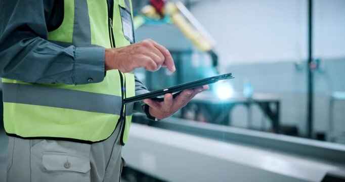 Hands engineer and typing with tablet at warehouse for research, machine update and technical guide. Mature person, digital and production manual, automation and diagnostics report for manufacturing