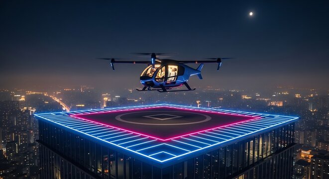 Futuristic Electric VTOL Aircraft Landing on a Neon-Lit Rooftop Helipad at Night.