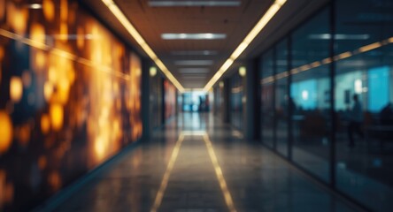 Fototapeta premium Modern office walkway with glowing blur and corporate banner background