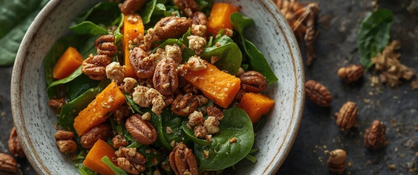 Healthy homemade salad with pumpkin, spinach and crunchy nuts