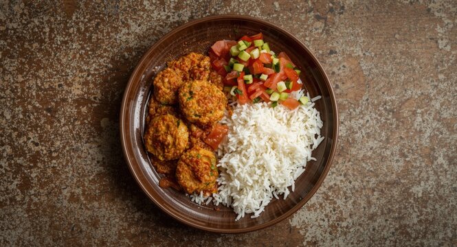 Plate showcasing Mehshi kusa with white rice and colorful Tabula salad on a textured wooden table
