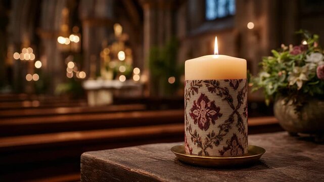 Close-up of a decorated Paschal candle standing near the altar, rich wax textures and symbolic markings highlighted by warm church lighting