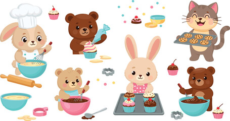 Fototapeta premium Cute animal baking vector set with bunny, bear and cat cooking cupcakes and cookies, kawaii cartoon kitchen activity collection isolated on white background illustration