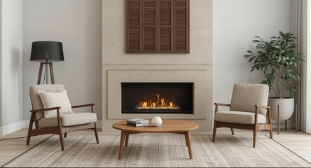 Obraz premium soft and cozy living room with a gas fireplace and padded chairs