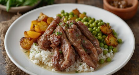 Fototapeta premium Classic Beef Tripe Preparation with Herb Roasted Potatoes Peas and Rice