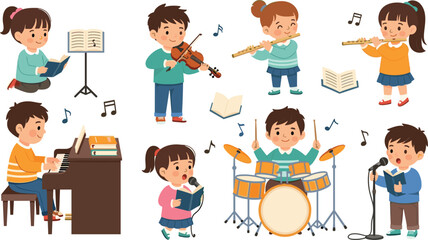 Fototapeta premium Kids music activity vector set with children playing instruments, singing and learning notes, cute cartoon music class collection isolated on white background illustration
