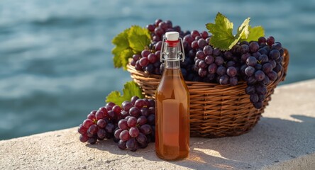Obraz premium Charming coastal setting with a basket filled with ripe grapes and a glass bottle holding freshly pressed grape nectar