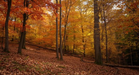 Fototapeta premium Serene and colorful autumn woods with warm tones of fall leaves on trees