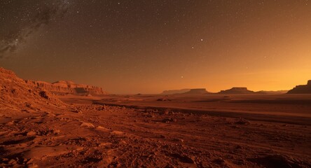 Fototapeta premium Imagined red planet terrain illustrating rugged surface and star filled sky