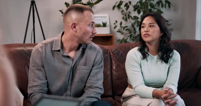 Couple, disagreement or fight with therapist for counseling, emotional support or helpful advice. Psychologist, man and woman with discussion for relationship assessment, trust or conflict resolution