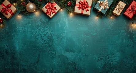 Naklejka premium Holiday themed gift boxes arranged on a green textured surface with festive lighting ideal for winter celebration banners