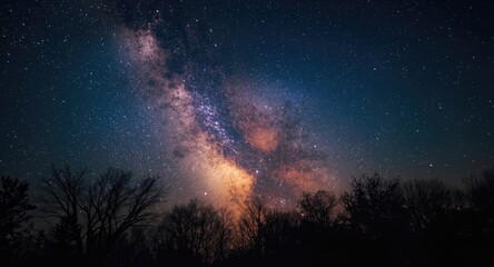 Fototapeta premium Silhouetted trees beneath a radiant cosmic sky promoting awareness about natural night environment care