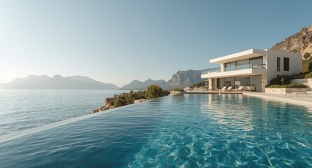 Obraz premium Elegant villa and serene swimming pool captured on a clear day with mountainous terrain