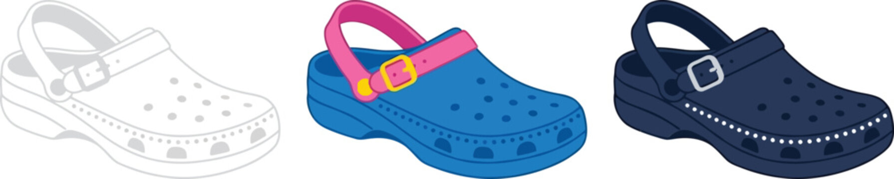 Three colorful clogs with buckles and holes for casual summer footwear  sandals  comfortable fashion