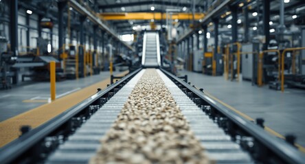 Obraz premium Manufacturing facility focused on pellet production with automated conveyor belts transporting raw inputs