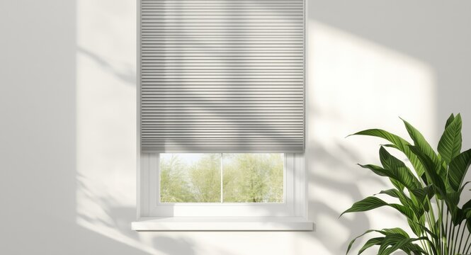 Pleated blinds with fifty millimeter folds closed in window with indoor plants casting shadows on the sill