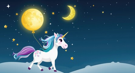 Fototapeta premium Endearing cartoon unicorn carrying an illuminated moon balloon holiday design