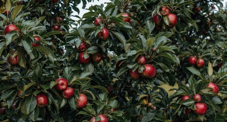 Fototapeta premium Lush apple tree covered with red fruits and rich green leaves with a light neutral background