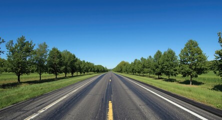 Fototapeta premium Endless blacktop road lined with verdant trees under blue sky perfect for text background usage