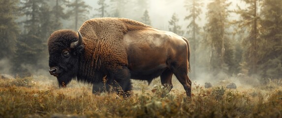 Obraz premium Bison rendered in fluid watercolor strokes in a forest clearing