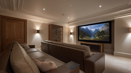 Fototapeta premium Luxury Home Cinema Room with Comfortable Brown Leather Sofas and Large Projection Screen for Entertainment and Relaxation