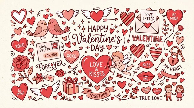 Charming Hand-Drawn Valentine's Day Doodle Set with Romantic Hearts, Love Letters, Cupid, and Festive Elements for Holiday Greetings and Sweet Designs