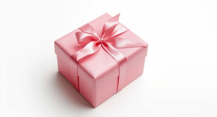 Obraz premium Pink wrapped gift box with festive ribbon on white background