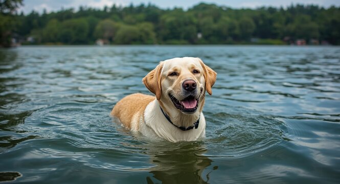 Happy golden Labrador dog paddling in lush green lake water beside summer coastline