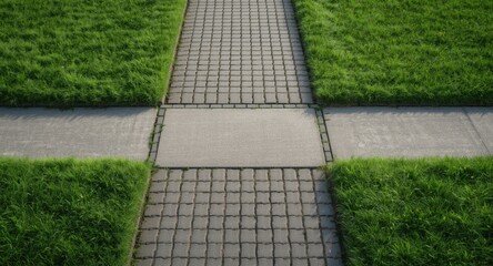 Fototapeta premium Gray brick road and sidewalk pavement bordered by healthy green grass patches