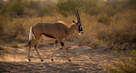 Fototapeta premium Elegant Arabian oryx strolling through sandy terrain at wildlife reserve in calm evening light