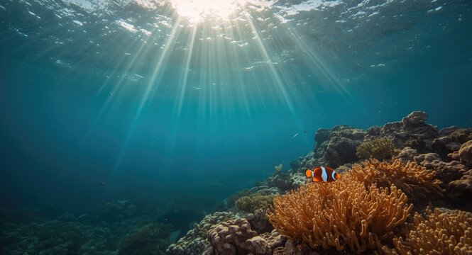 Shining sunrays passing through transparent ocean water highlighting sea creatures