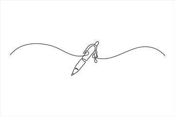 Obraz premium Minimalist continuous one-line drawing of a ballpoint pen with falling ink drops. Clean black vector art on a white background for creative designs.