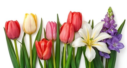 Naklejka premium Detailed flower heads of tulips and freesias isolated on white