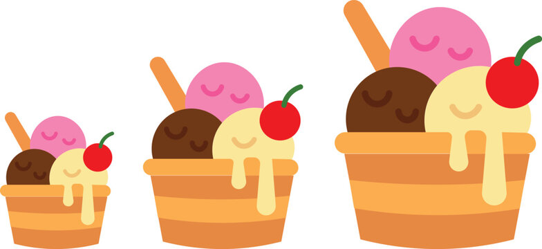 Flat vector ice cream sundae illustration, colorful dessert bowls with chocolate strawberry and vanilla scoops, sweet summer treats with cherry topping