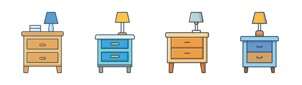 Nightstand furniture illustration: bedside table with lamp, modern bedroom decor and storage cabinet