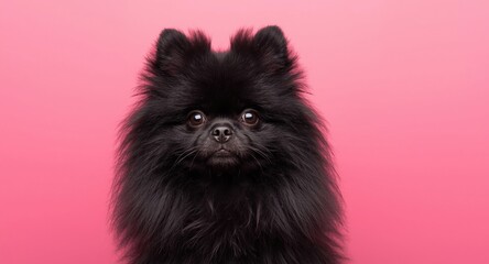 Obraz premium Fluffy black Spitz dog on bright pink background featuring copy space for adding text