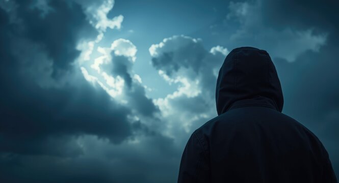 Person in hooded coat observing a sky darkened by clouds, reflecting future unpredictability