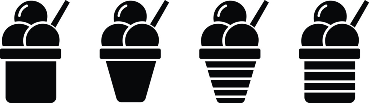 Minimalist ice cream cup icons set, black silhouette sundae scoops with wafer sticks, collection of 4 frozen dessert vector symbols for menu design