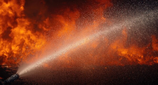 Sprinkler releasing water droplets against a blazing fire scene