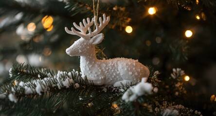 Naklejka premium Serene white deer ornament resting on a snowy Christmas tree limb with glowing holiday lights