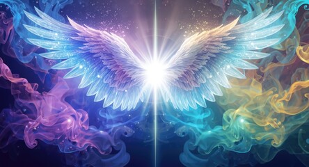 Shimmering angel wings with radiant white light surrounded by flowing multicolor energy forms and copy space