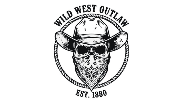 Wild west outlaw skull logo with cowboy hat and bandana